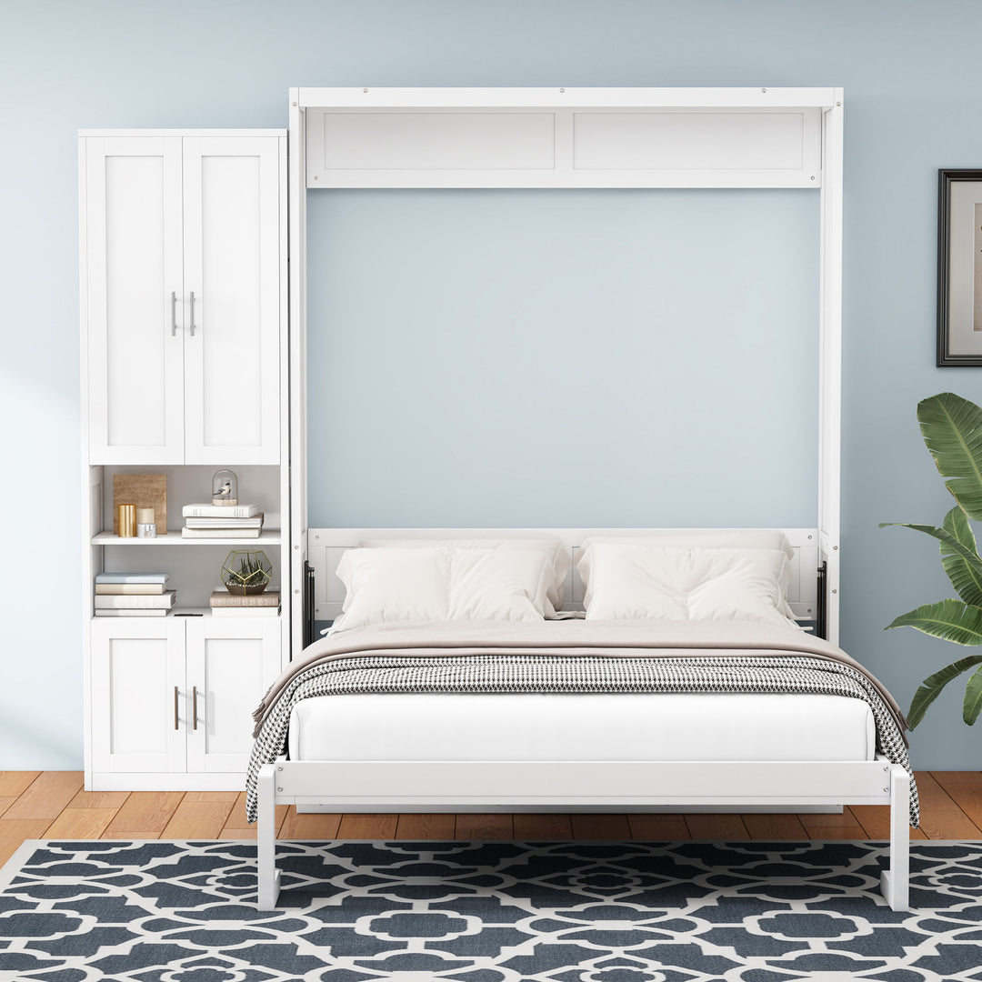 Murphy Bed With Side Cabinet Storage Shelf, Folding Wall Bed With Desk Combo