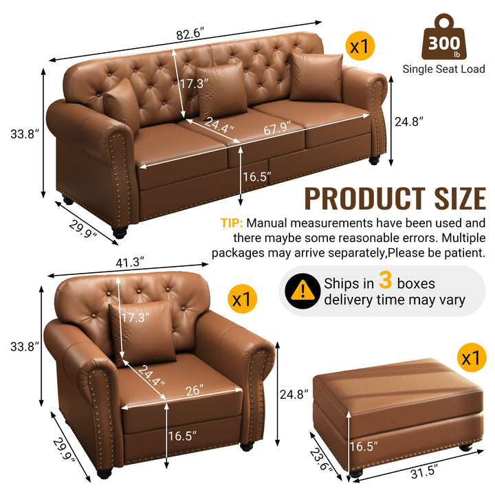 Upholstered Sofa With Nailhead Trim, Rolled Armrests With Ottoman