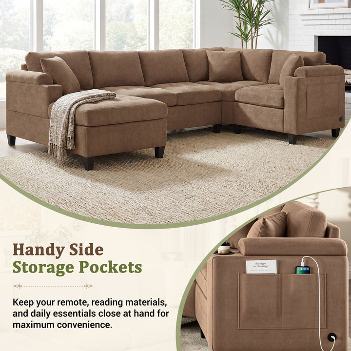 U Shaped Sectional Sofa, Corner Living Room Couch With Built In Cup Holders, Storage, USB Ports