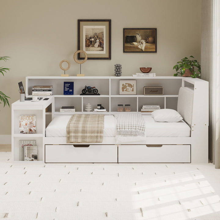 L Shaped Daybed With Desk, Bookcase, Upholstered Headboard, Drawers, And LED Light