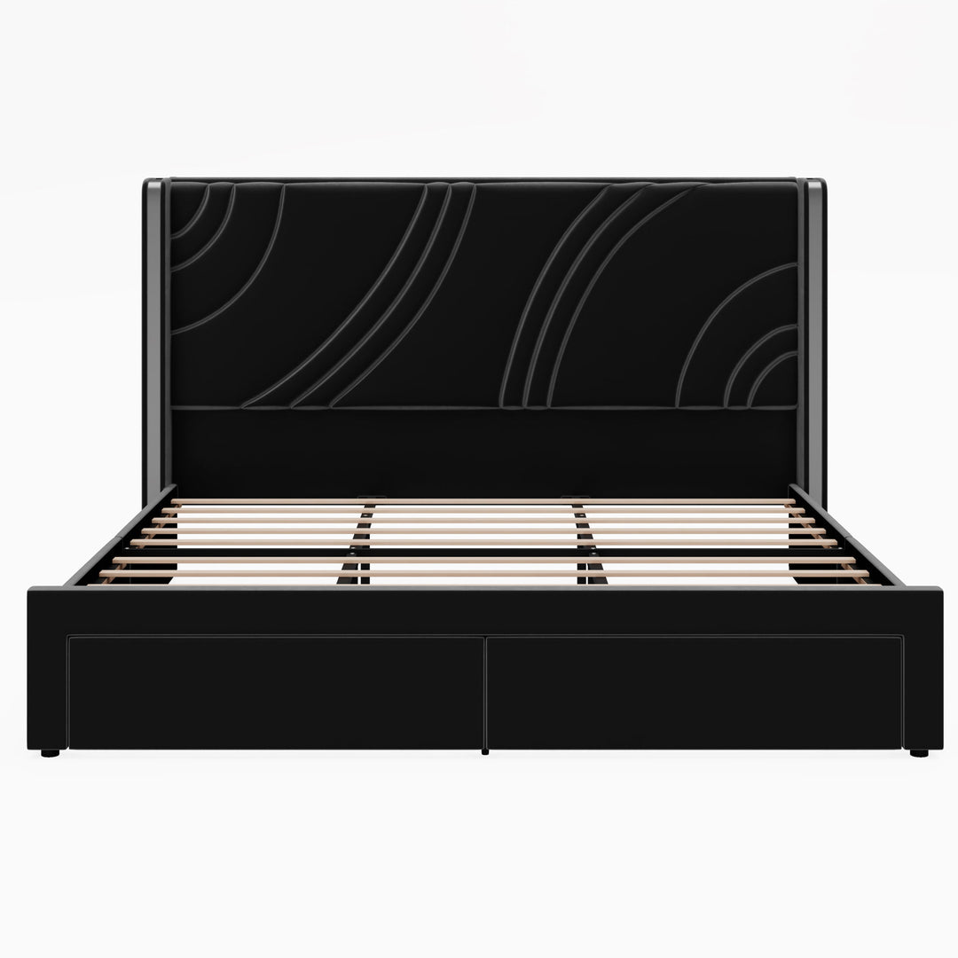 Modern Upholstered LED Bed Frame With Storage Drawers, Wingback Headboard, RGB Light