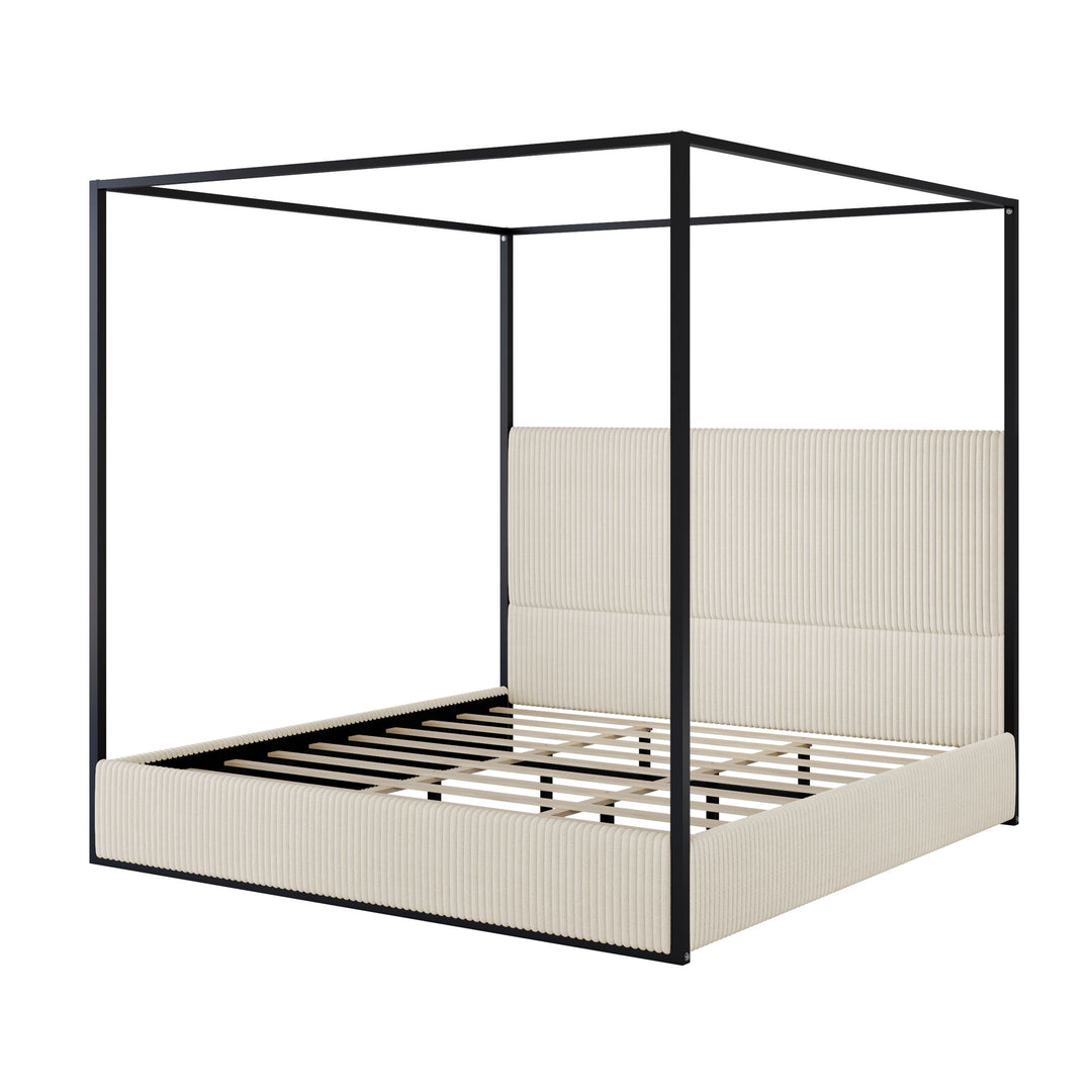 Luxury Canopy Bed With Plush Corduroy Upholstered Headboard