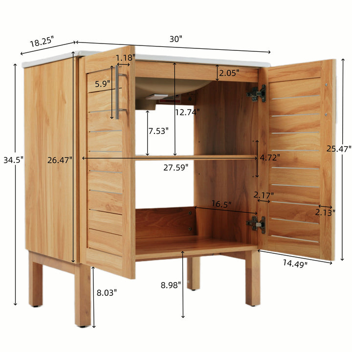 Bathroom Vanity With Ceramic Sink, Freestanding Cabinet - Antique Natural / Brown