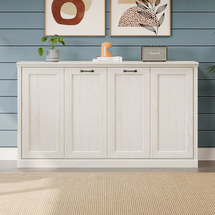 Twin Size Horizontal Murphy Bed, Hideaway Wall Bed, Folding Into Cabinet, Space Saving Furniture For Multipurpose Guest Room, Home Office - Rustic White