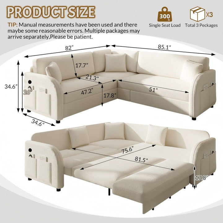 L-Shaped Couch With Pull-Out Bed, Oversize Convertible Sleeper Sofa With Side Pocket & USB Port