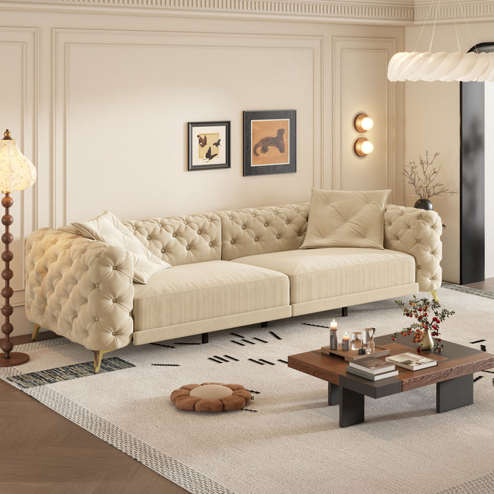 3 In 1 Convertible Sleeper Sofa, Pull Out Bed, Button Tufted, 4 Seater Couch With Movable Ottoman For Apartment - Apricot