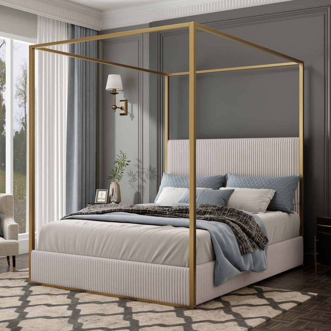 Luxury Canopy Bed With Plush Corduroy Upholstered Headboard