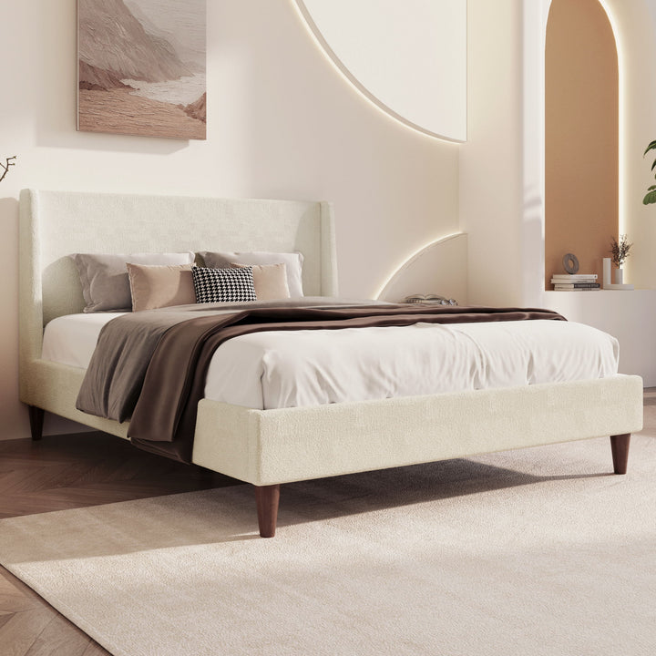 Upholstered Modern Platform Bed With Wingback Headboard