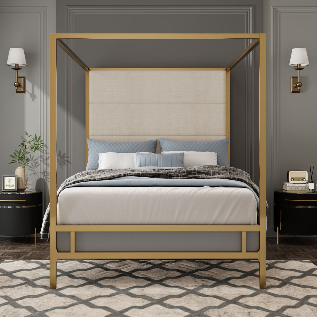 Modern Canopy Bed With Tall Upholstered Headboard