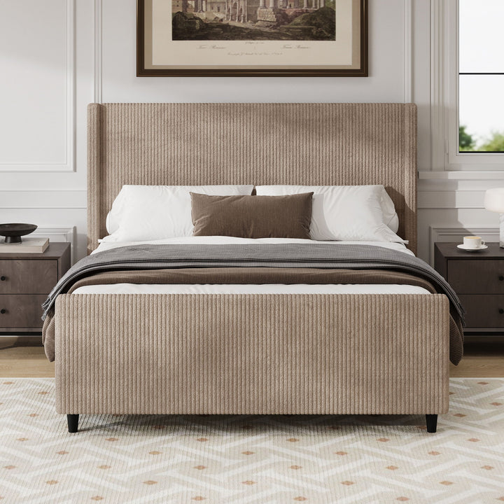 Corduroy Upholstered Bed Frame With Vertical Stripe Wingback And High Footboard