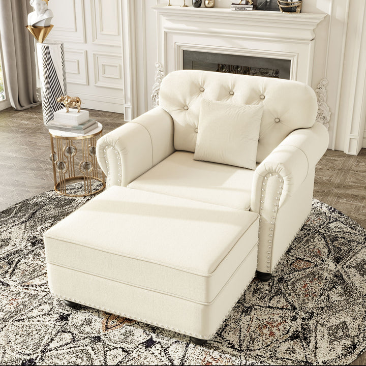 Upholstered Sofa With Nailhead Trim And Rolled Armrests, 1 Pillows - Beige / White