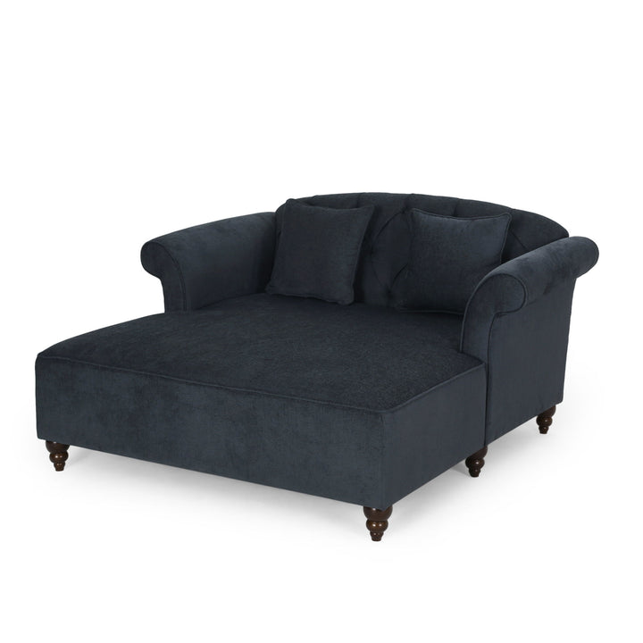 Upholstered Chaise Lounge With Scroll Arms, Turned Legs And 2 Pillows