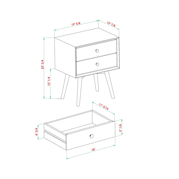 Mid Century Modern Double Drawer Nightstand - Caramel