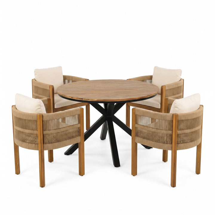 5 Piece Outdoor Dining Set With Round Table And 4 Wrapped Chairs - Black / Brown / Teak